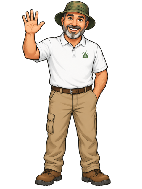 Groundskeeper Karl in his green camo bucket hat, waving